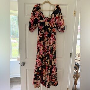 Anthropologie Black and Pink Floral Long Sleeve Dress | Floral Maxi Dress